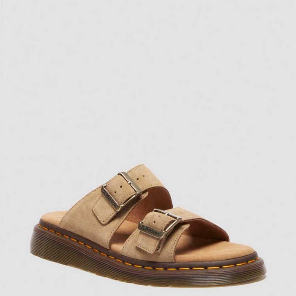 Dr. Martens Beige Suede Double Buckle Slide Sandals